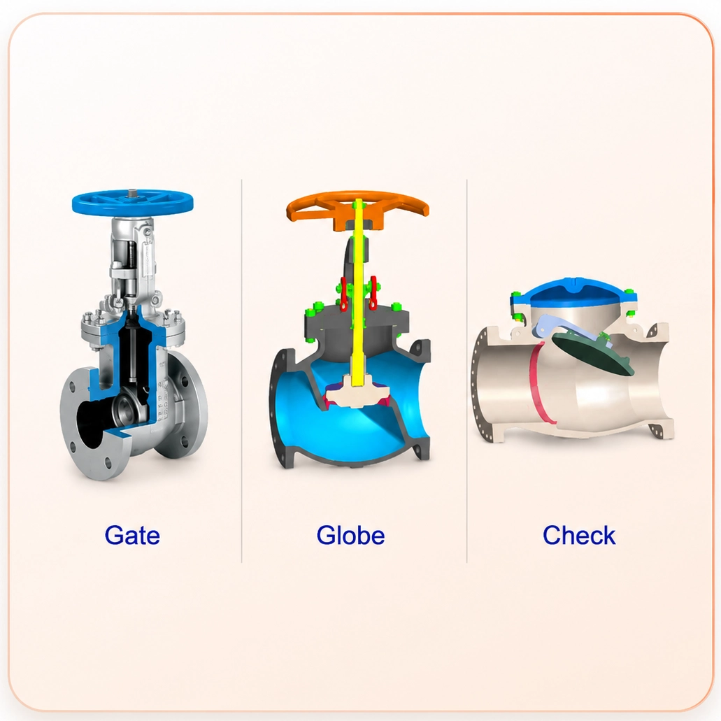 Gate, globe and check valves in cutaway